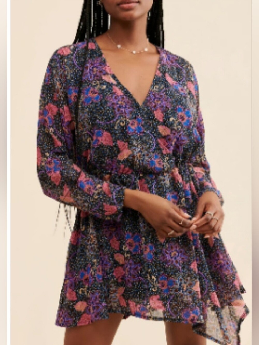 Free People Floral Mini Dress in Purple and Pink, Size M.